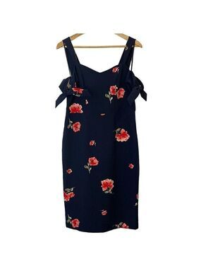 Ashley Graham Navy Floral Bow Sleeve Cocktail Sheath Dress Size 10 Garden Party